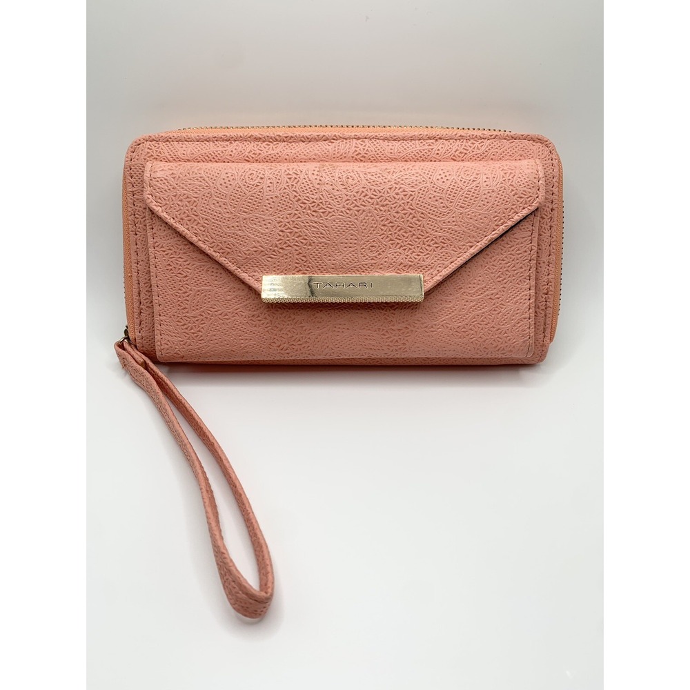 Tahari Wristlet Salmon Pink Faux Leather Lace Style Clutch Envelope Zip Wallet